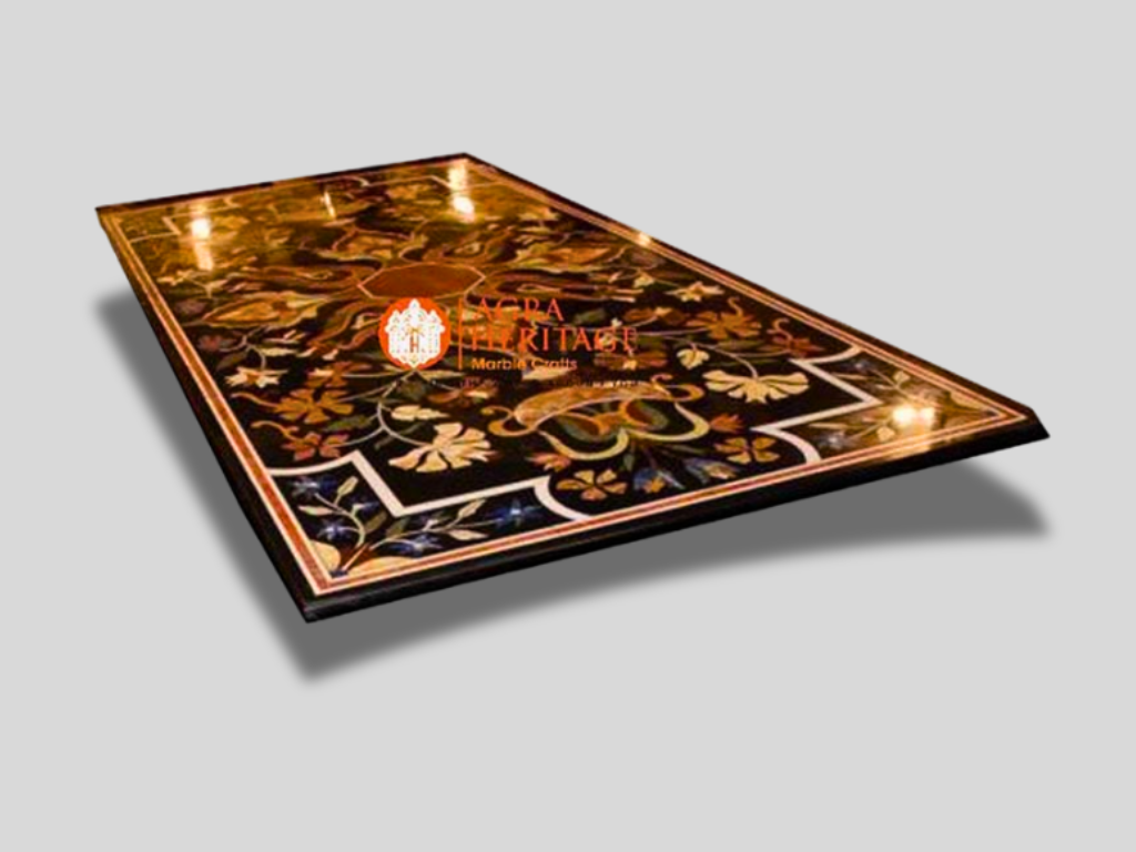 Black Marble Inlay Top Dining Table Floral Marquetry Decor